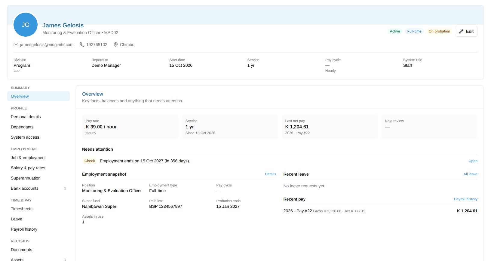 Employee Profile in NiuginiHR