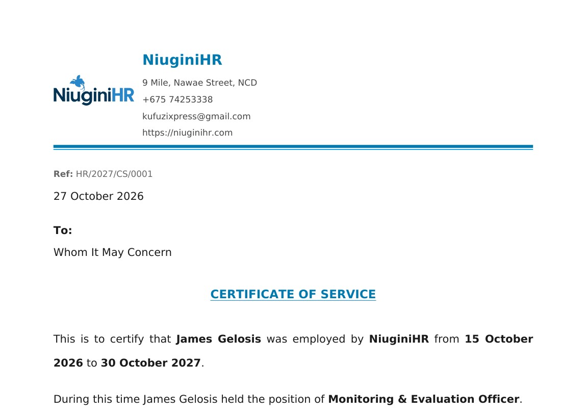 Certificate of Service in NiuginiHR