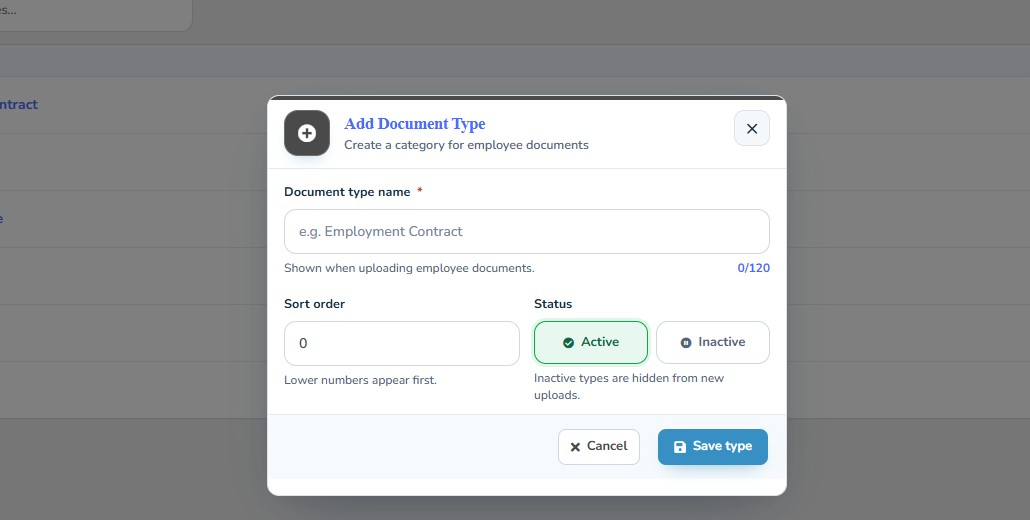 Document, Training & Asset Types in NiuginiHR